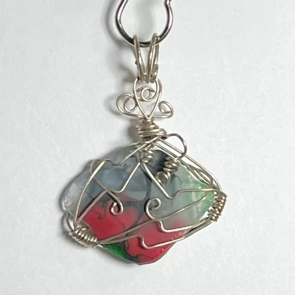 Silver Tone Wire Wrap Pendant Multicolor Imitation Stone Rock Unique Boho Chic